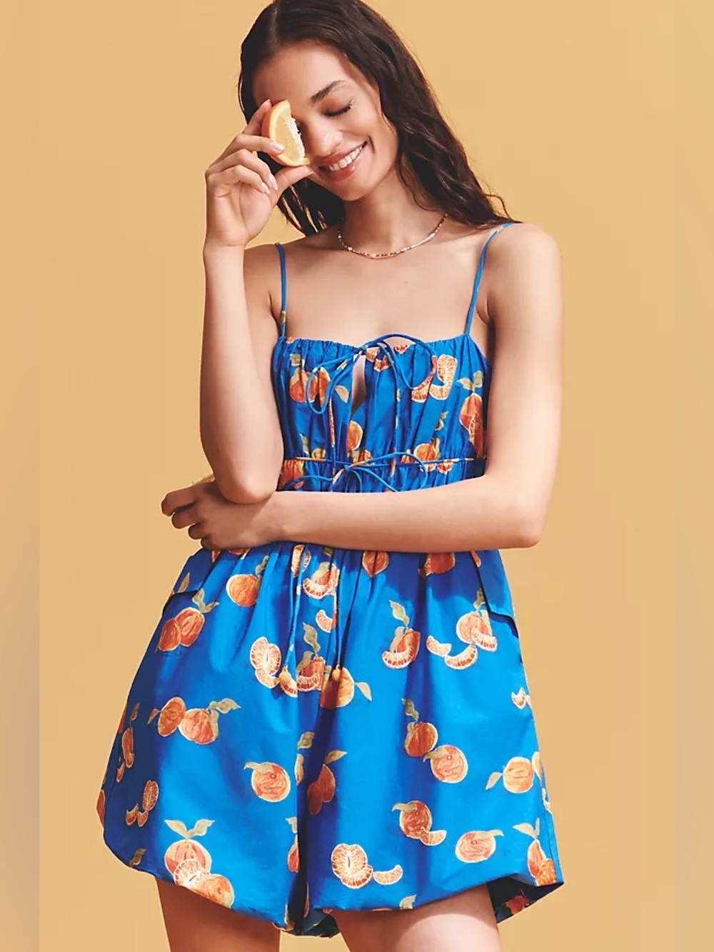 NWT Farm Rio x Anthropologie Orange Fruit Printed Smocked Sleeveless Romper - Picture 1 of 7